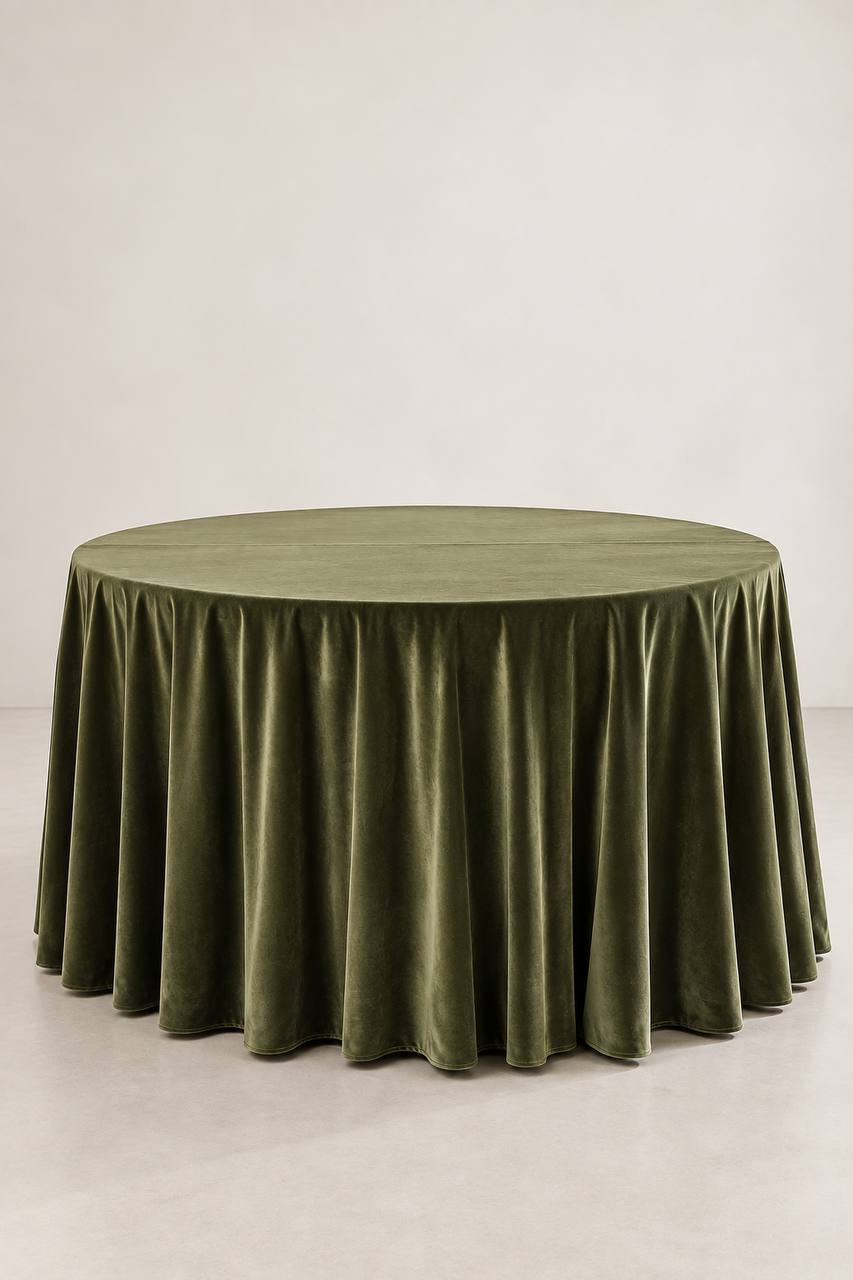 Samt-Tischdecke Olivgrün Farbe 320 cm Rund, bügelfrei