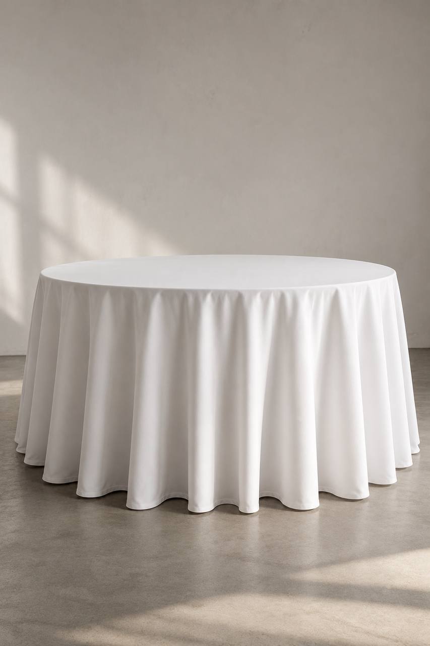 Runde weiße Tischdecke Ø 330 cm für Hochzeit und Event mieten Berlin